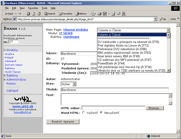 Staré administrační rozhraní webové stránky s názvem Buxus 4.1.0 zobrazené v prohlížeči Internet Explorer. Obsahuje možnosti pro úpravu článků v sekci IT NEWS.