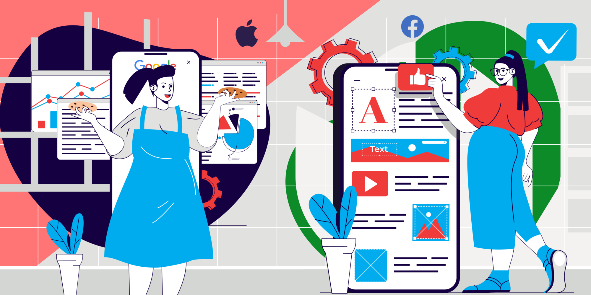 Ilustrace změny v politice soukromí pro iOS s dopadem na online marketing. Obsahuje grafy, ikony sociálních sítí a postavy se smartphony.