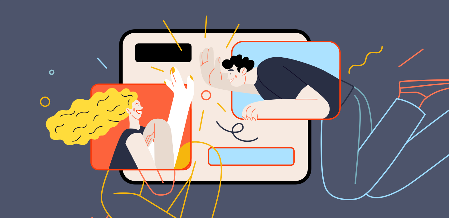 Ilustrácia dvoch postáv komunikujúcich cez online platformu, znázorňujúca koncept chatbota pre zlepšenie predaja v e-shope.