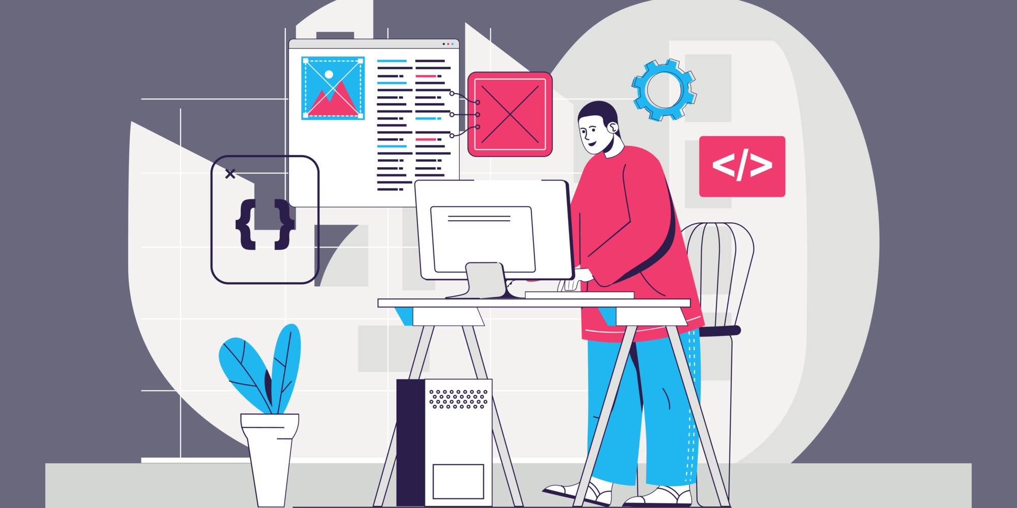 Ilustrace osoby pracující na počítači, obklopená symboly digitalizace a automatizace.