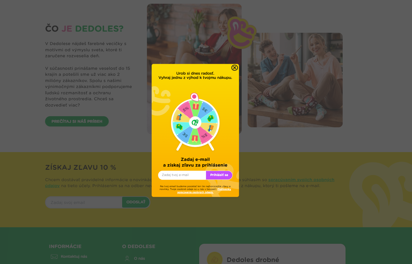 Propagační obrázek s interaktivním kolem štěstí pro slevy a výhody na stránce Dedoles.