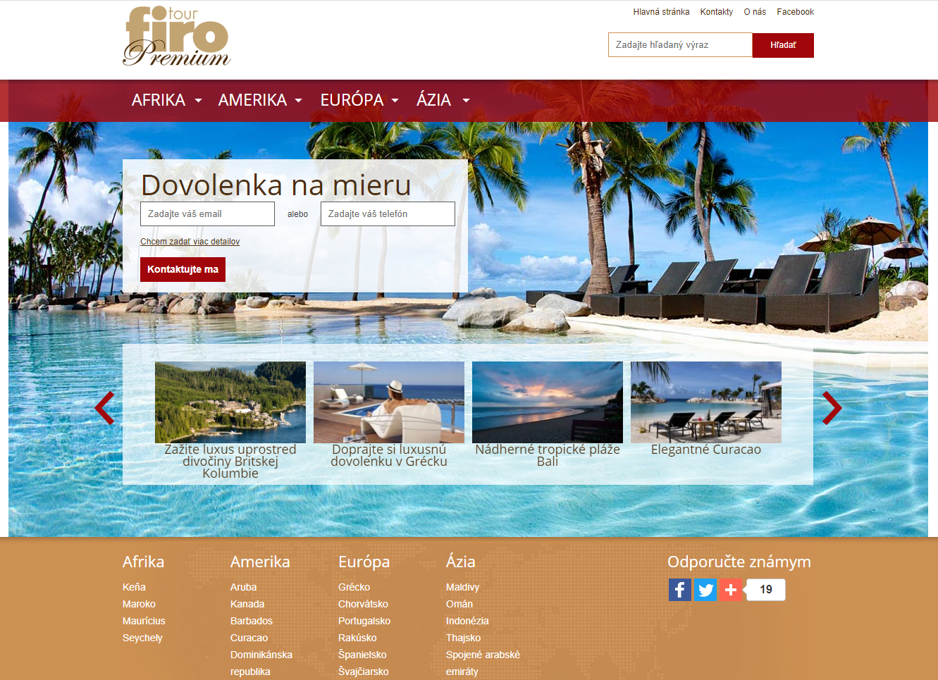 Hlavní stránka cestovní kanceláře FIRO-tour s nabídkou dovolených na míru a destinacemi jako Afrika, Amerika, Evropa a Asie, s obrázkem tropického bazénu a lehátky na pláži.