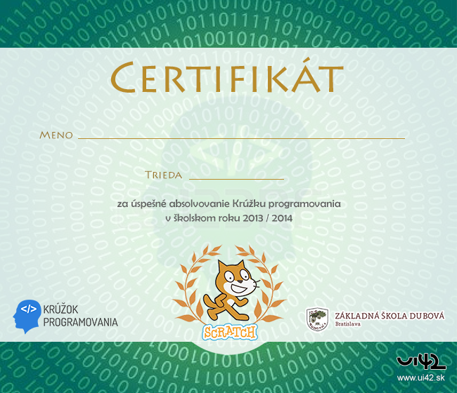 Kroužek programování ZŠ Dubová certifikát