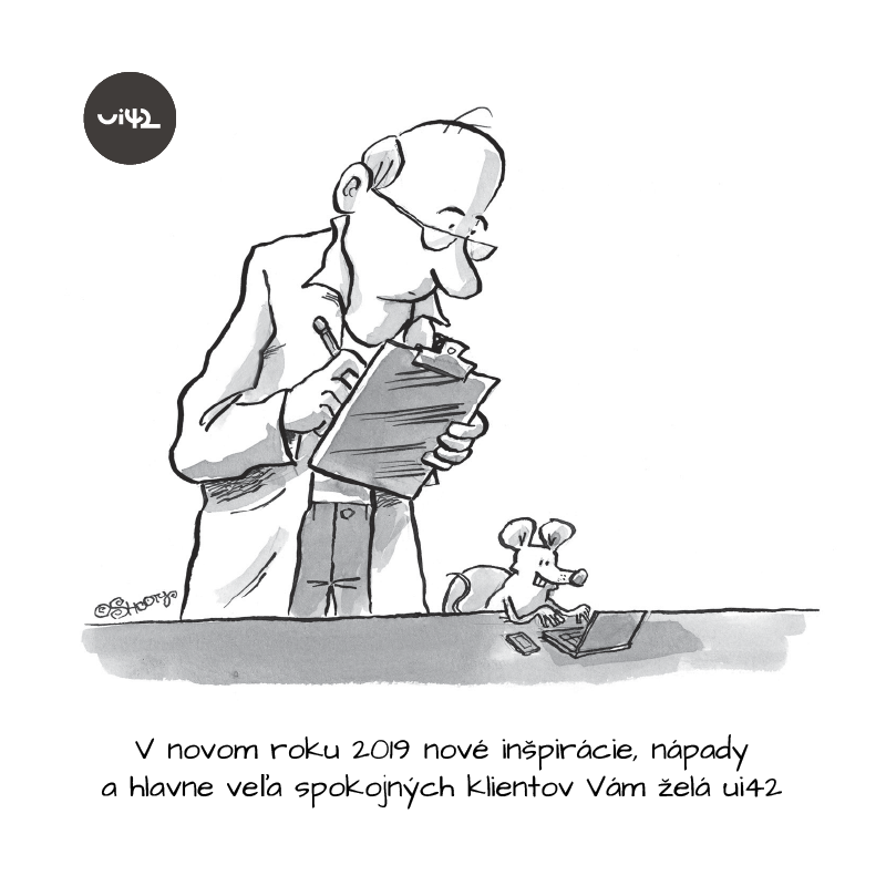 Vánoční přání s kreslenou postavičkou staršího muže s brýlemi a myší s laptopem, přání do nového roku 2019 od ui42.