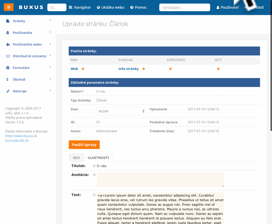 Administrátorské rozhraní systému BUXUS 7.0 s úpravou stránky