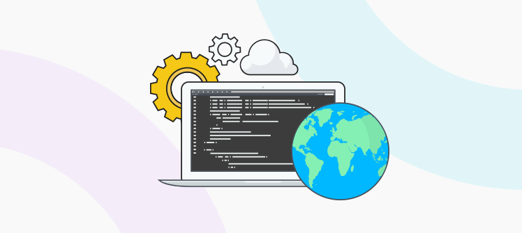 Ilustrace programování s notebookem, ozubeným kolem, oblakem a Zemí