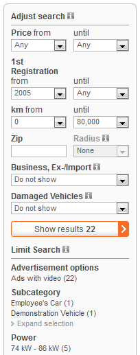 Faceted search mobile.de