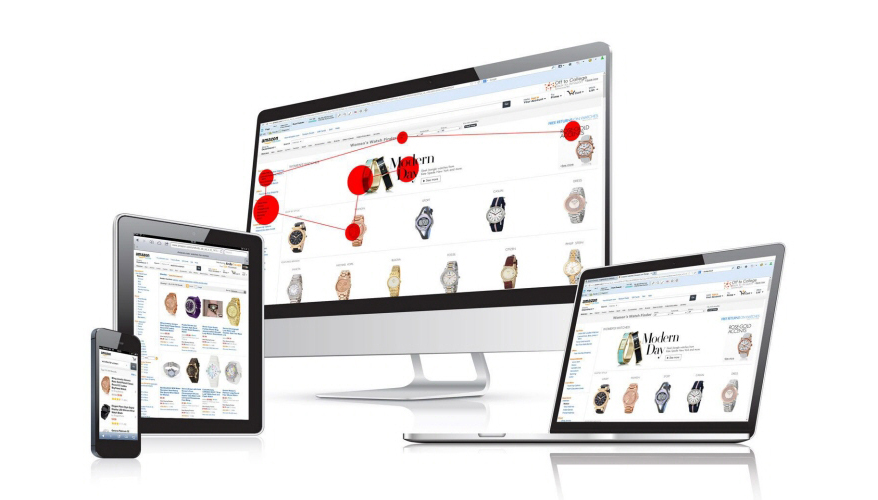 Zařízení zobrazující výsledky sledování pohybu očí pomocí eyetrackera, včetně počítače, notebooku, tabletu a mobilního telefonu s vizualizací dráhy pohybu očí na obrazovce.