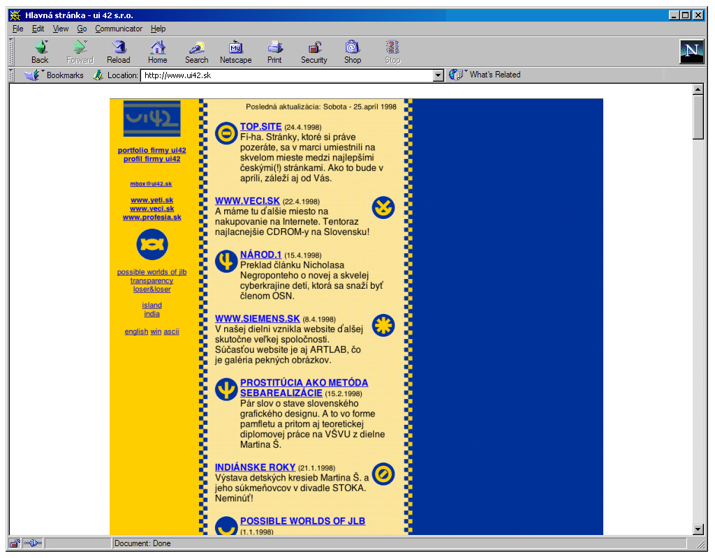 Snímek obrazovky webové stránky ui42 z roku 1998 s různými odkazy a aktualizacemi.