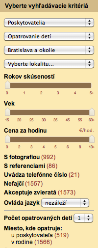 Filtrování vyhledávacích kritérií pro péči o děti v Bratislavě