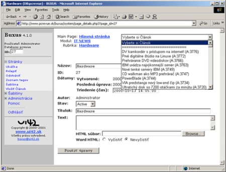 Staré uživatelské rozhraní softwaru Buxus 4.1.0 zobrazené v prohlížeči Internet Explorer, s detaily o článku na téma hardware.