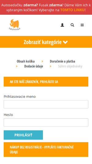 Přihlašovací stránka e-shopu Babytrend.sk s možností přihlášení a nákupu bez registrace.