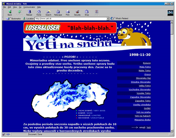 Starodávná webová stránka Yeti na sněhu z roku 1998 s mapou Slovenska a sněhovými zprávami.