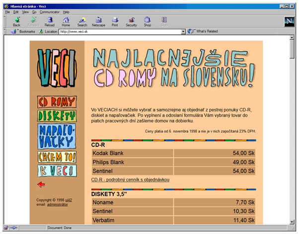 Starý web s nabídkou nejlevnějších CD-ROM na Slovensku z roku 1998