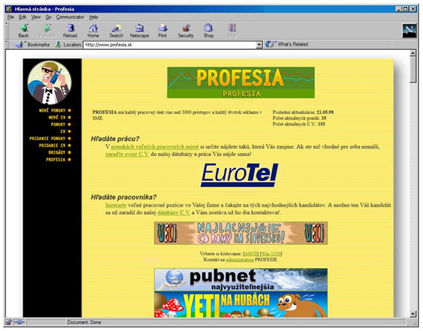 Snímek obrazovky starší verze webové stránky Profese z roku 1998 s reklamním bannerem EuroTel a informacemi o pracovních nabídkách.