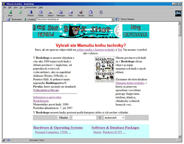 Webová stránka online knihkupectví z 90. let s nabídkou technických knih