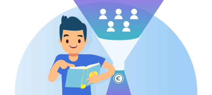 Ilustrace muže s knihou a trychtýřem konverzí v e-shopu