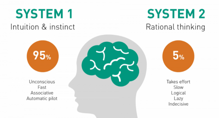 Grafické znázornění dvou systémů myšlení: Systém 1 (intuice a instinkt) a Systém 2 (racionální myšlení) s popisem jejich vlastností.