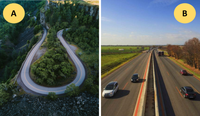 Porovnání dvou cest, klikatá horská cesta a přímý dálniční úsek