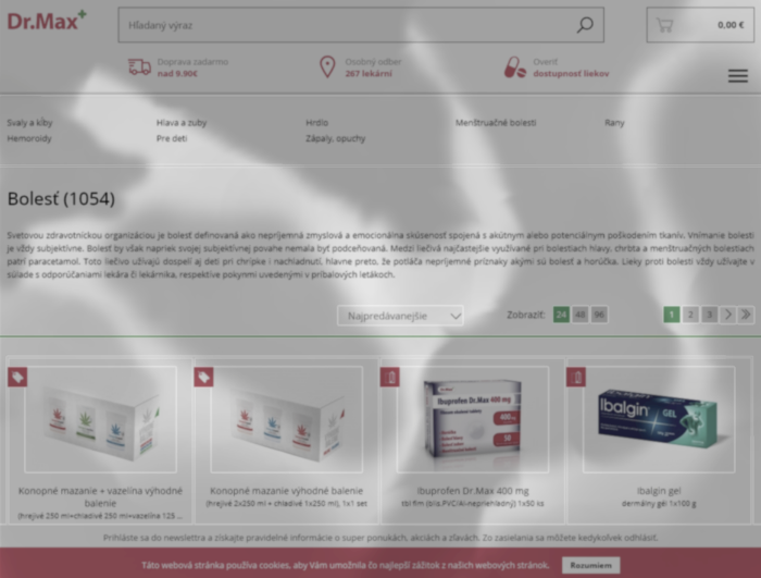 Náhled webové stránky Dr.Max s produkty na bolest včetně konopného mazání a ibuprofenu.