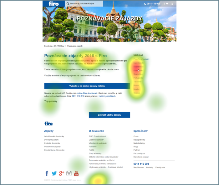 Webová stránka cestovní kanceláře s vizualizací sledování pohledu (eyetracking), kde jsou nejvíce sledované oblasti zvýrazněny barevnými skvrnami.