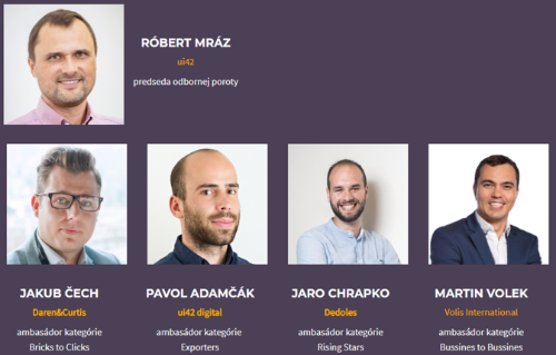 Portréty pěti osob s jejich jmény a pozicemi, včetně Róberta Mráza, Jakuba Čécha, Pavla Adamčáka, Jara Chrapka a Martina Volka, kteří jsou spojeni s různými kategoriemi na konferenci MastersGate.