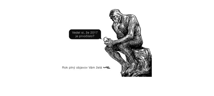 Ilustrace myslitele s textem 'Věděl jsi, že 2017 je prvočíslo?' v bublině. Pod ním text 'Rok plný objevů Vám přeje'.