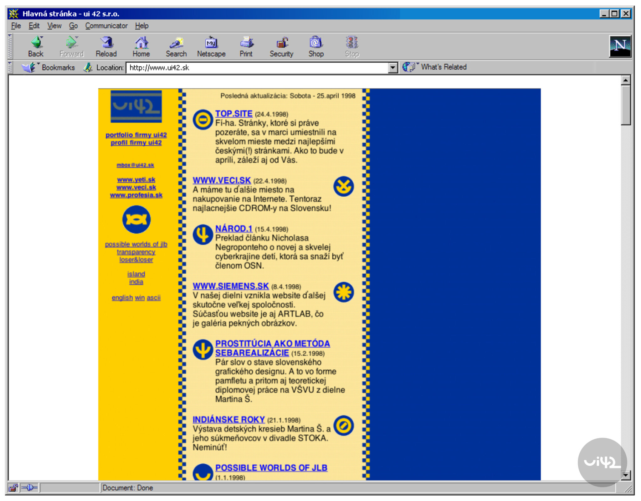 Snímek obrazovky webové stránky ui42 z roku 1998 s různými odkazy a aktualizacemi.