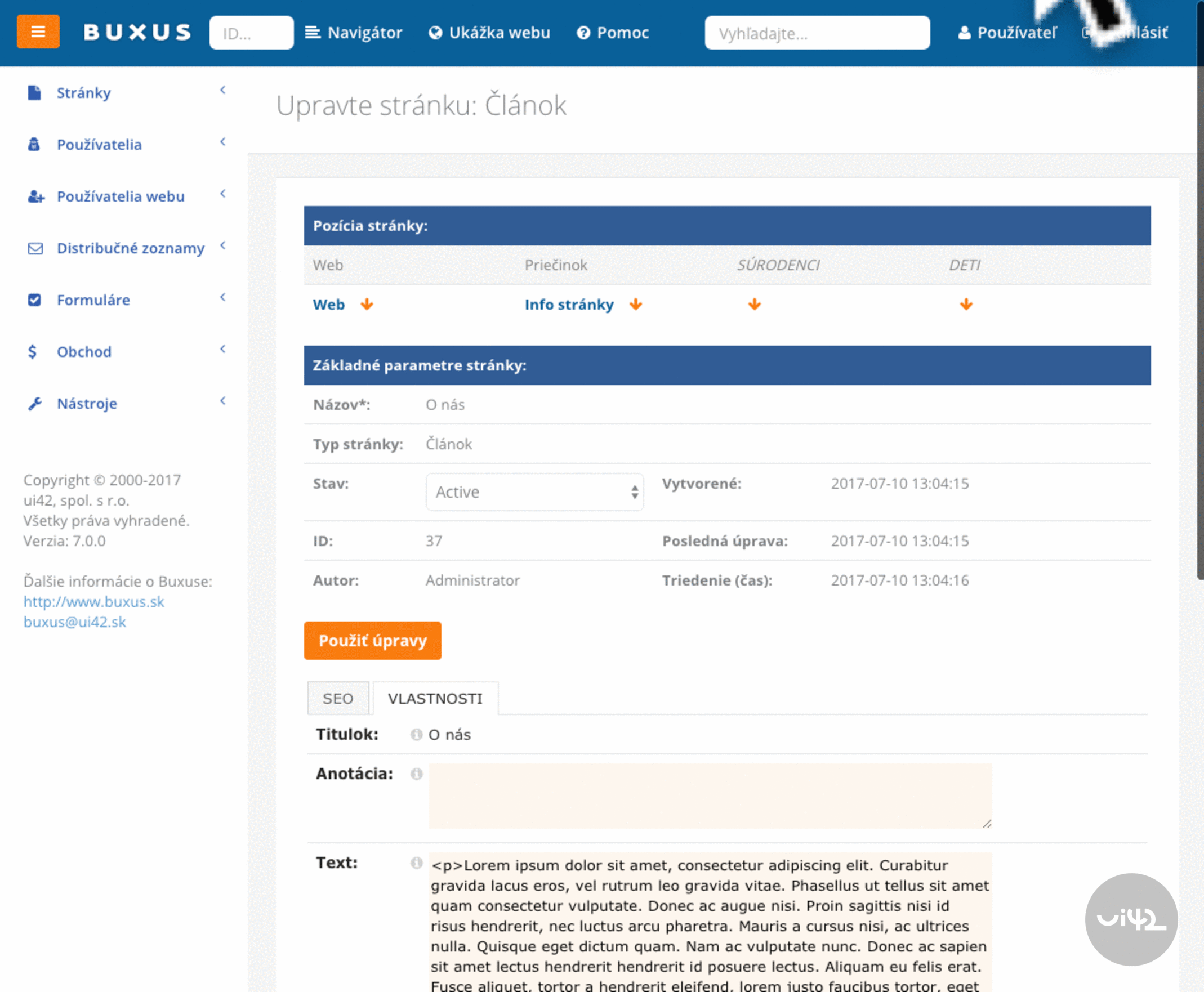 Administrátorské rozhraní systému BUXUS 7.0 s úpravou stránky