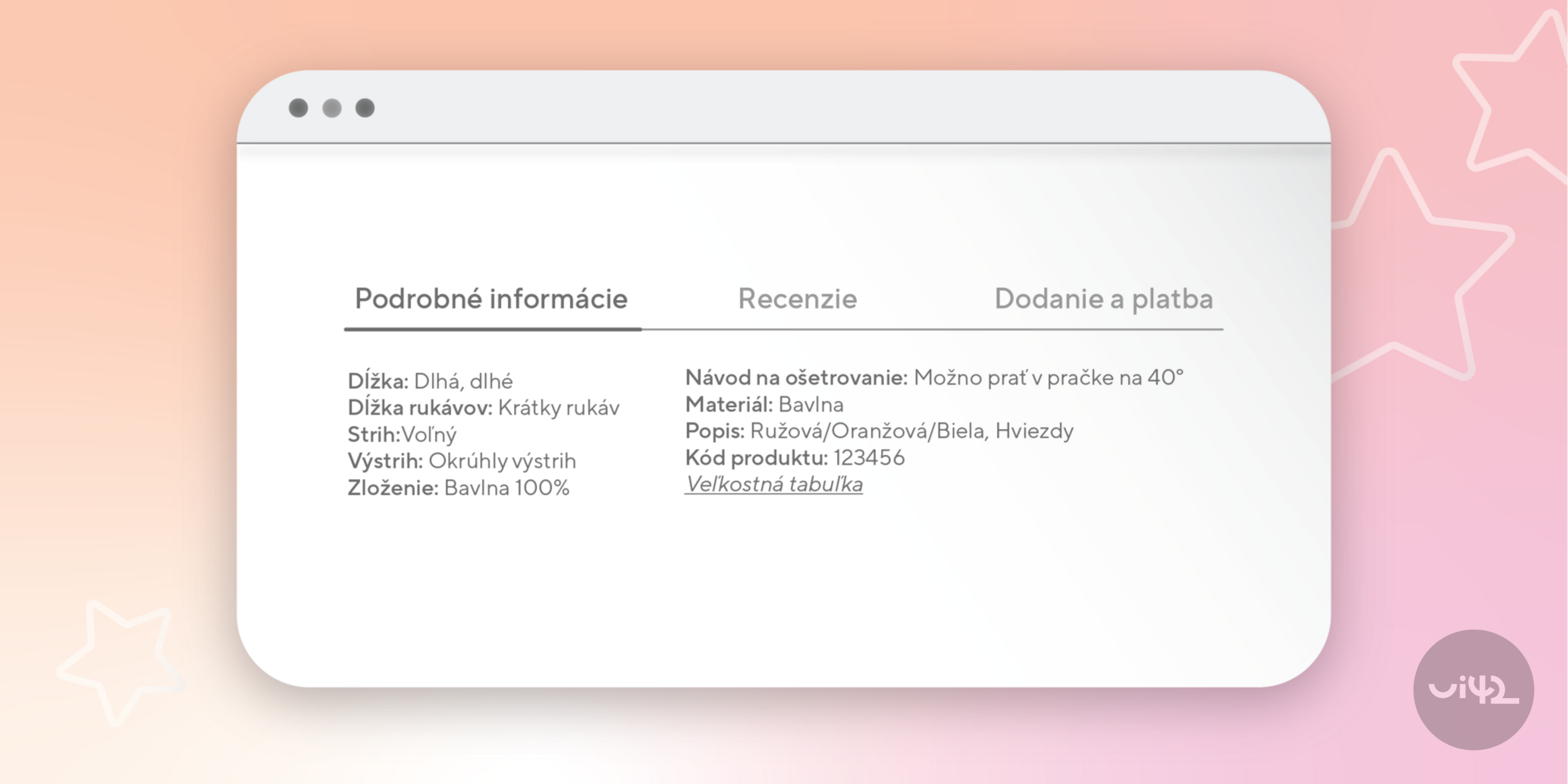 Ukázka produktové stránky s detaily o výrobku, jako jsou délka, střih, složení a návod na ošetřování.