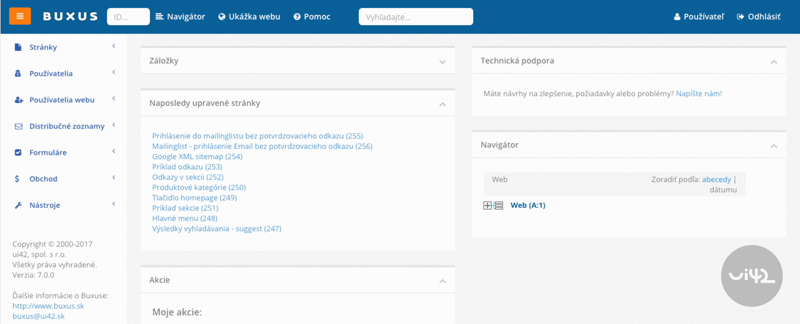 Uživatelské rozhraní systému BUXUS 7.0 se seznamem stránek a navigačními prvky.