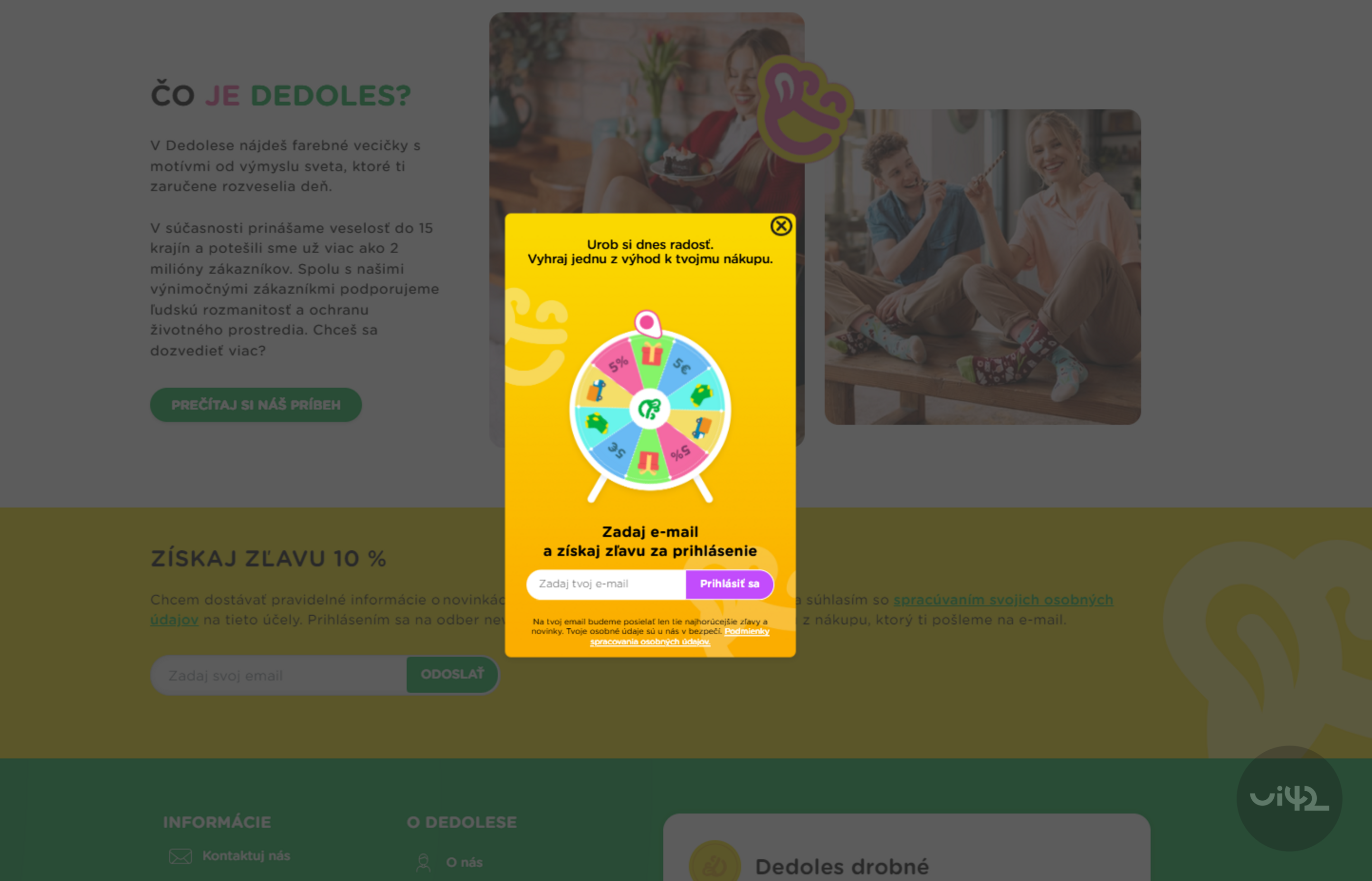 Propagační obrázek s interaktivním kolem štěstí pro slevy a výhody na stránce Dedoles.