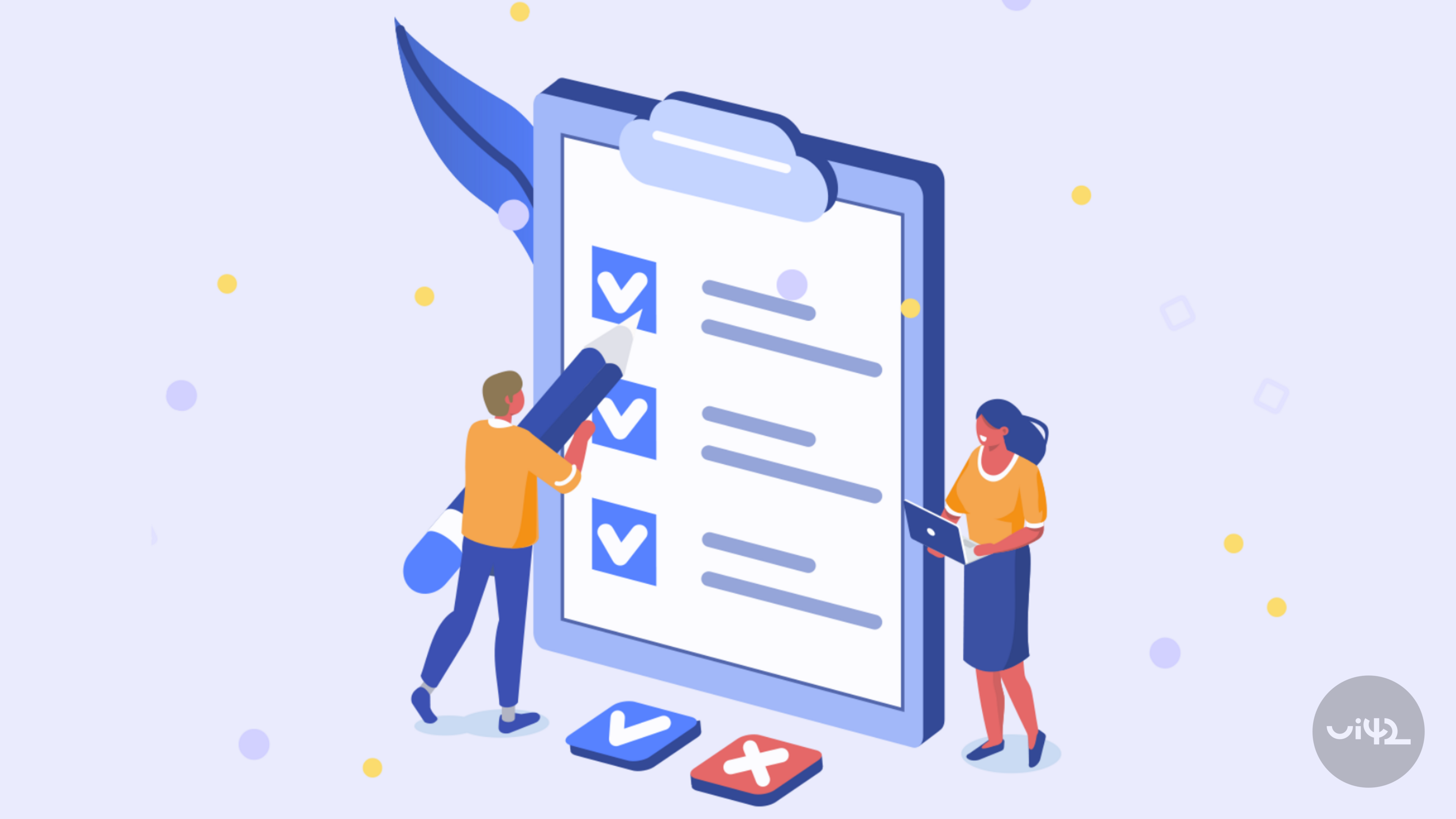 Ilustrace dvou lidí pracujících na velkém kontrolním seznamu. Muž drží velkou tužku a žena používá notebook.