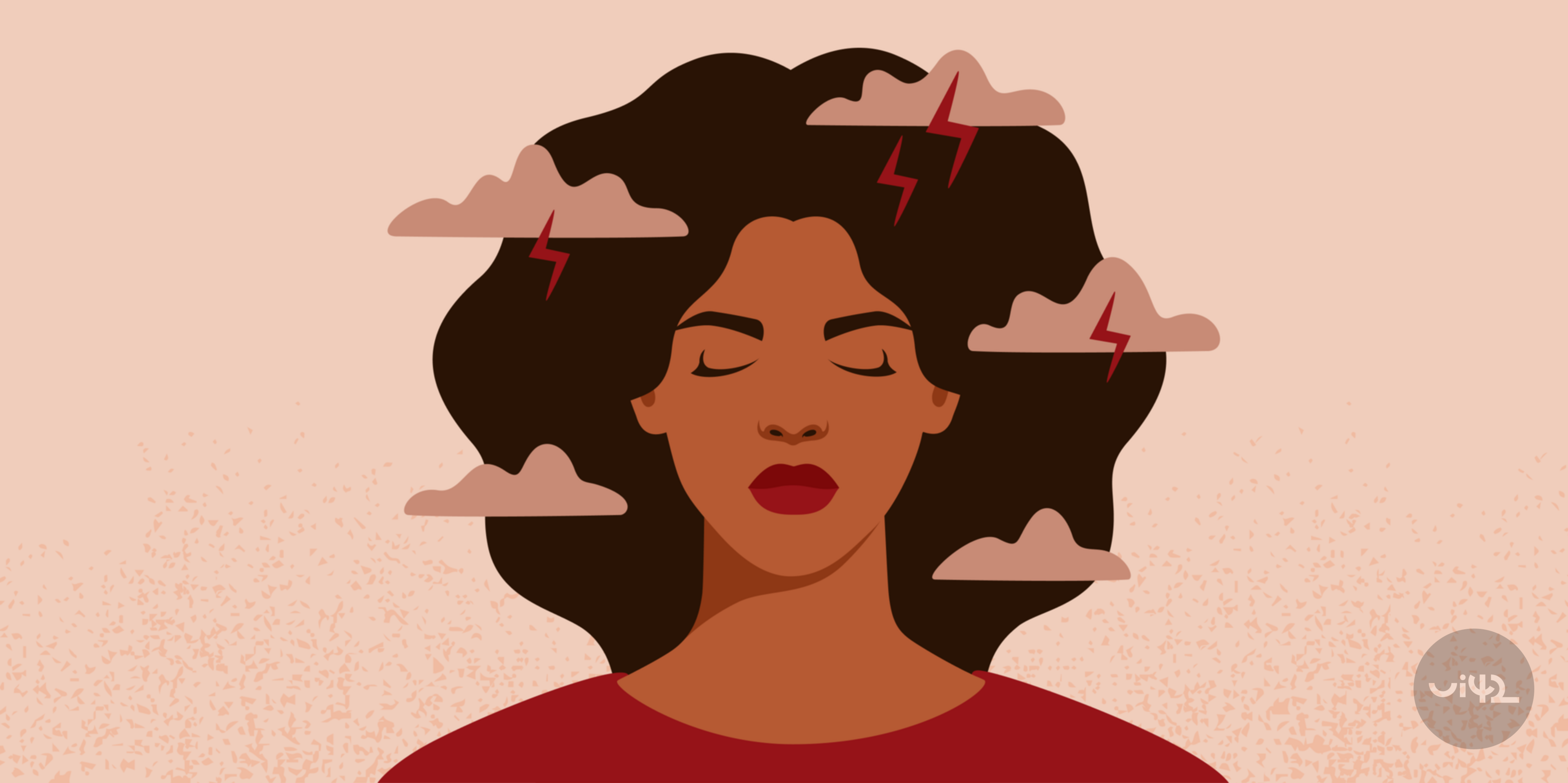 Ilustrace ženy se zavřenýma očima a bouřkovými mraky kolem hlavy.