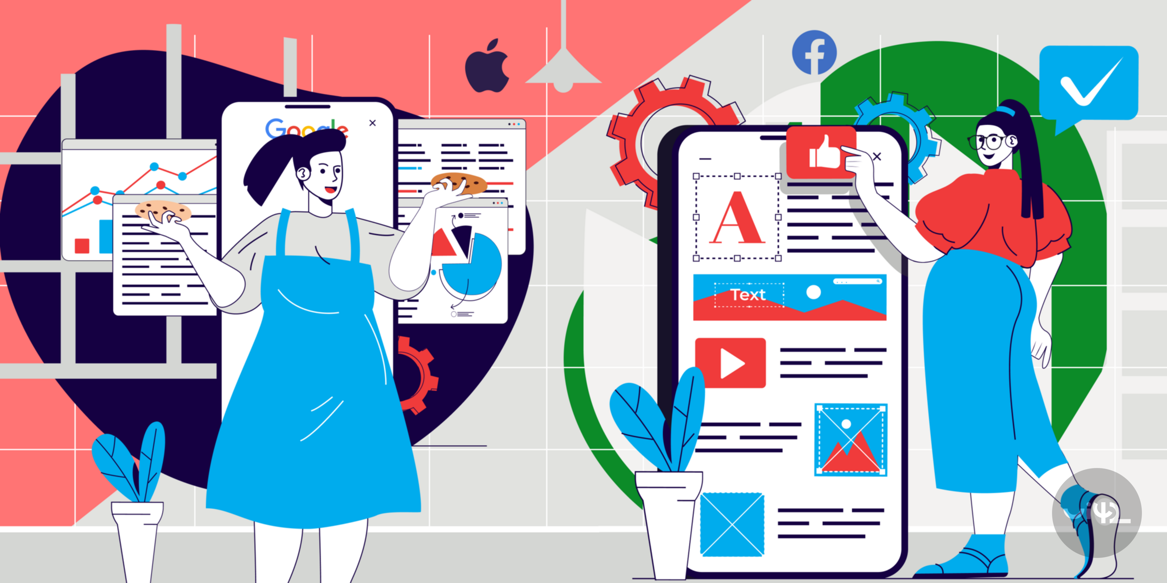 Ilustrace změny v politice soukromí pro iOS s dopadem na online marketing. Obsahuje grafy, ikony sociálních sítí a postavy se smartphony.