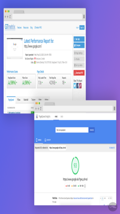 Výsledky testování rychlosti webových stránek pomocí GTmetrix a PageSpeed Insights