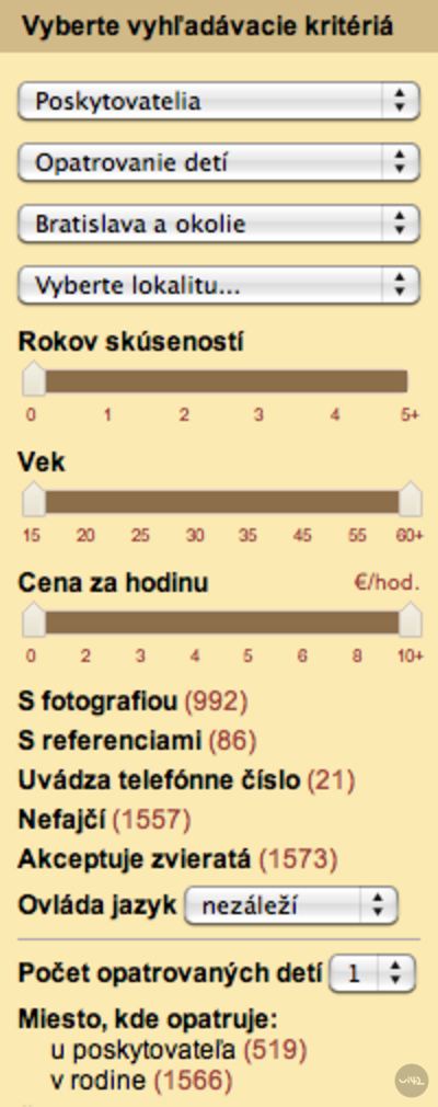 Filtrování vyhledávacích kritérií pro péči o děti v Bratislavě