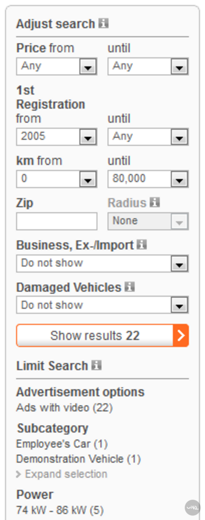 Faceted search mobile.de