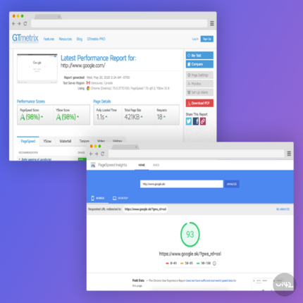 Výsledky testování rychlosti webových stránek pomocí GTmetrix a PageSpeed Insights