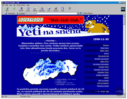 Starý webový prohlížeč zobrazující stránku s názvem 'Yeti na sněhu'. Stránka obsahuje grafiku s postavičkou yetiho, mapu Slovenska s označením sněhových podmínek a seznam lokalit na pravém boku. Text upozorňuje na první sněhové zprávy sezóny.