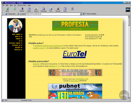 Starší verze webové stránky Profesie s designem z 90. let, obsahující pracovní nabídky a reklamy.