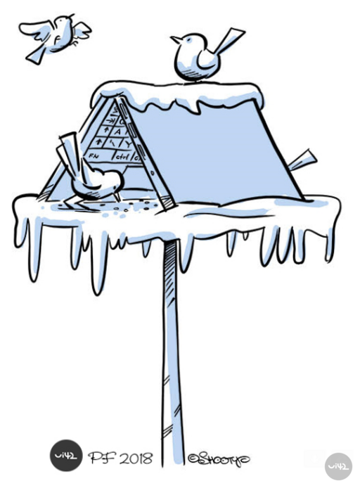 Ilustrace ptačího krmítka se sněhovou pokrývkou a ptáky