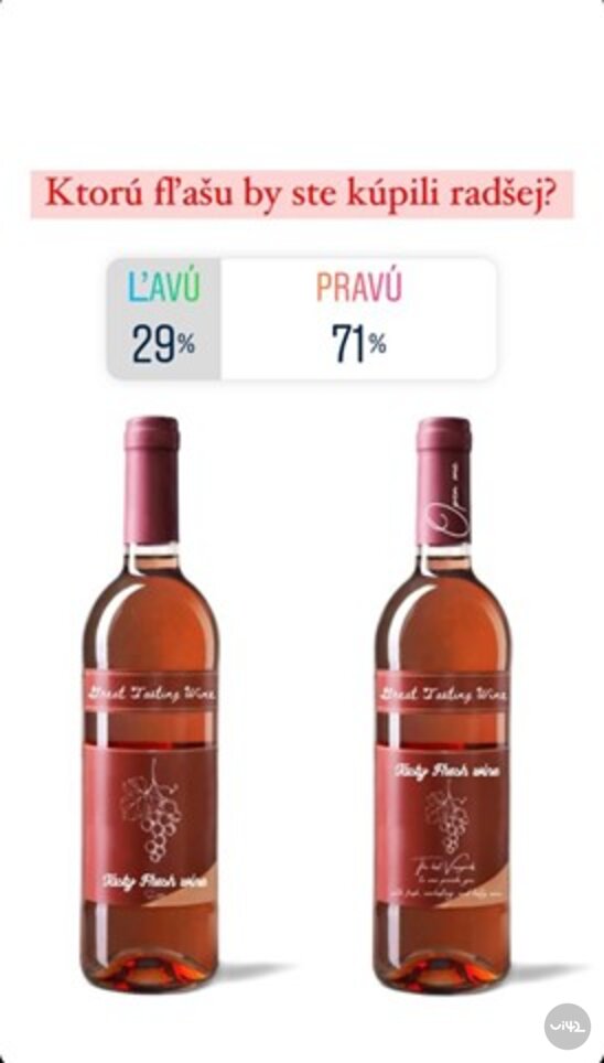 Dve fľaše vína s názvami "Ľavú" a "Pravú" s výsledkami hlasovania 29% pre ľavú a 71% pre pravú.
