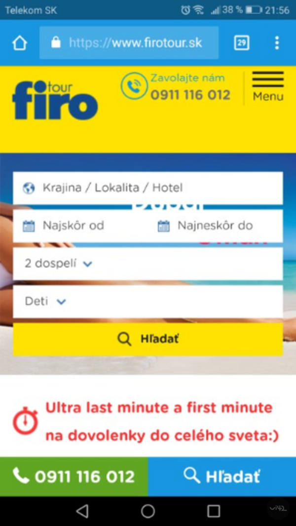 Mobilní verze stránky FIRO-tour s vyhledávacím formulářem na dovolené.
