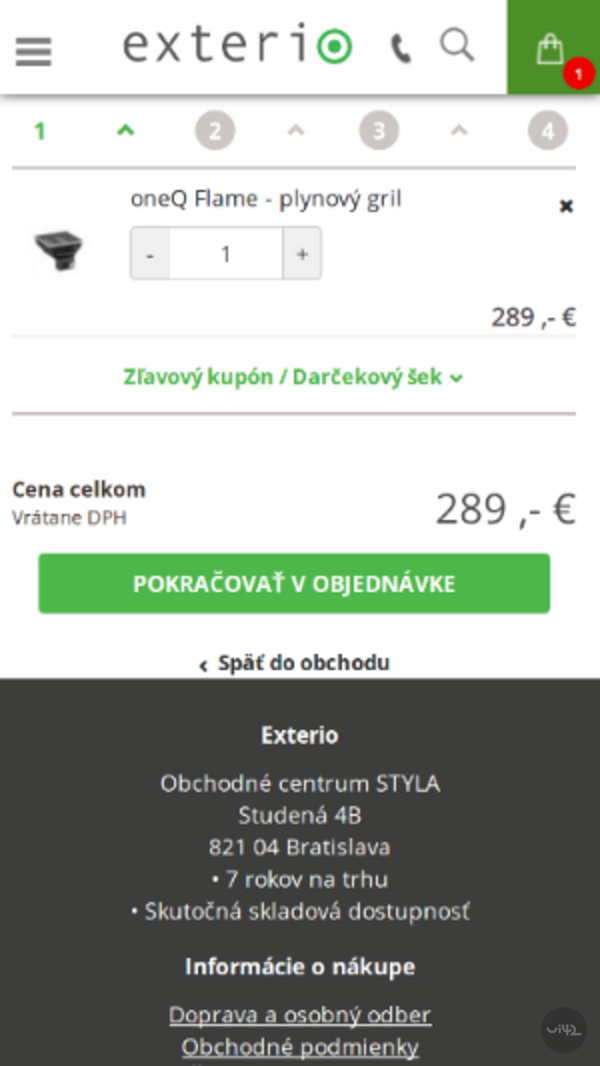 Nákupní košík online obchodu Exterio s plynovým grilem oneQ Flame v ceně 289 eur