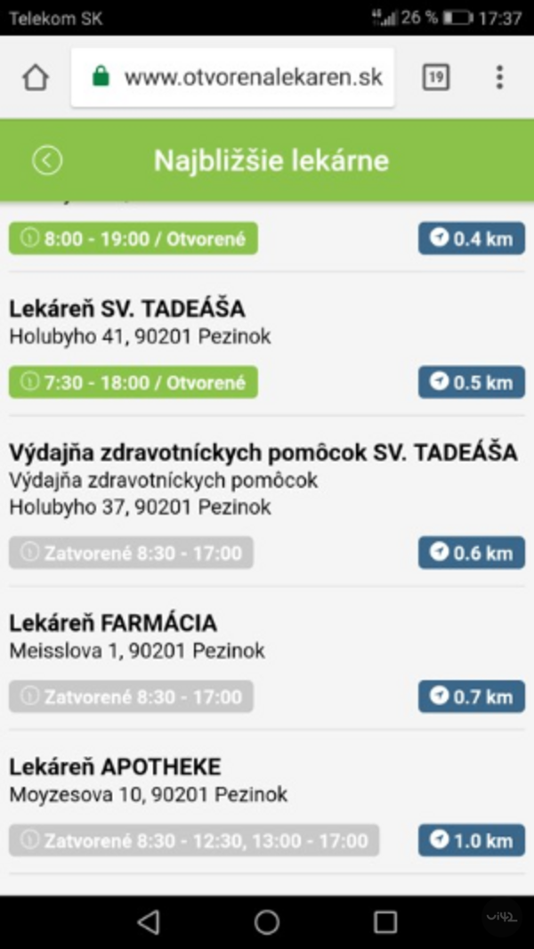 Mobilní aplikace Otvorenalekaren.sk s informacemi o nejbližších lékárnách v Pezinku