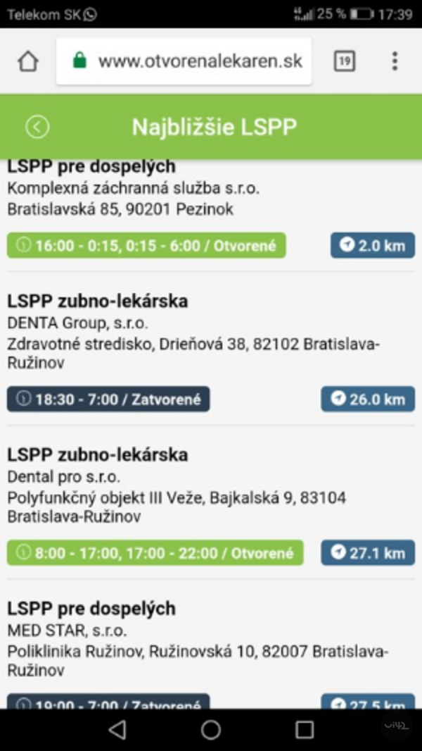 Seznam nejbližších LSPP na stránce Otvorenalekaren.sk zobrazený na mobilu