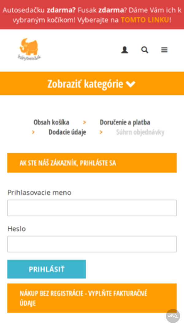 Přihlašovací stránka e-shopu Babytrend.sk s možností přihlášení a nákupu bez registrace.