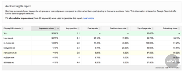 Zpráva o přehledu aukcí z Google Ads s porovnáním výkonu různých domén.