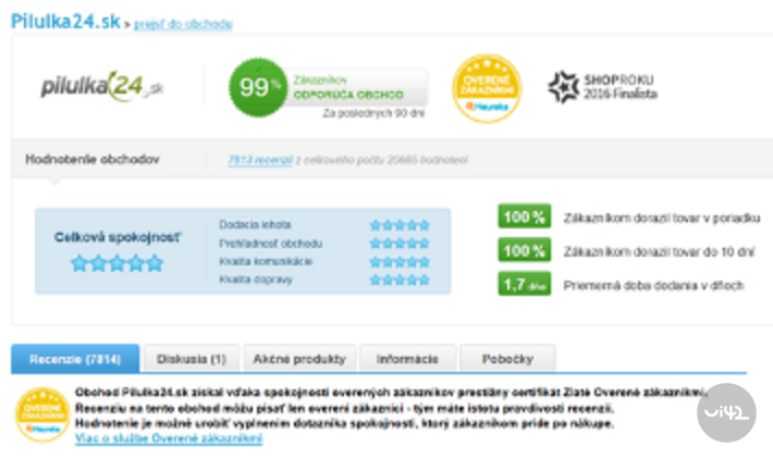 Hodnocení obchodu Pilulka24.sk s recenzemi a certifikáty spokojenosti zákazníků.